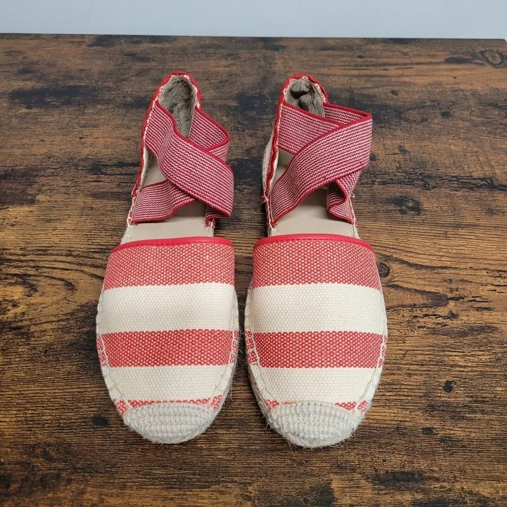Lands End Womens Espadrille Sandals Red Beige Flat Shoe Summer Travel Size 7